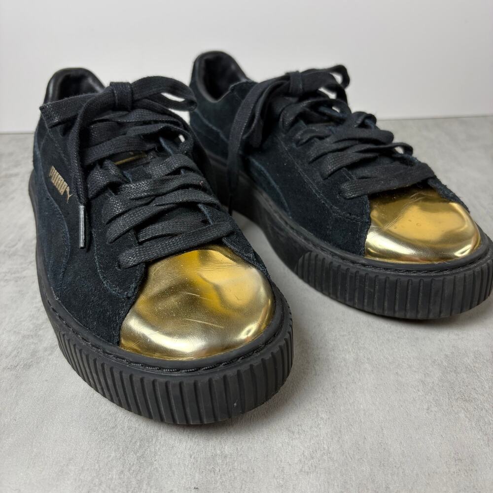 Puma Suede Platform Gold Black Patent Toe Creeper Sneakers Shoes Womens Size 8.5